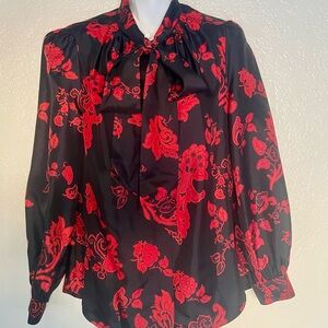 TORY BURCH Black & Red Floral Tie-Neck Blouse, NWT.